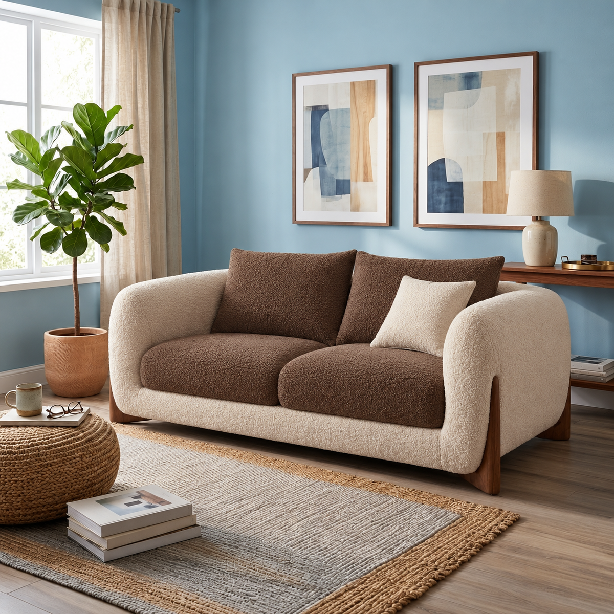 Antique Wood Hub Beige + Coffee Boucle - 2 Seater Sofa