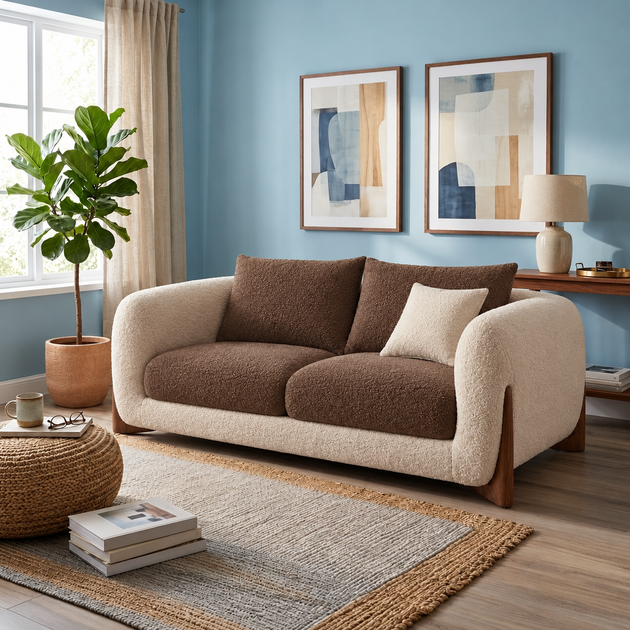 Antique Wood Hub Beige + Coffee Boucle - 2 Seater Sofa