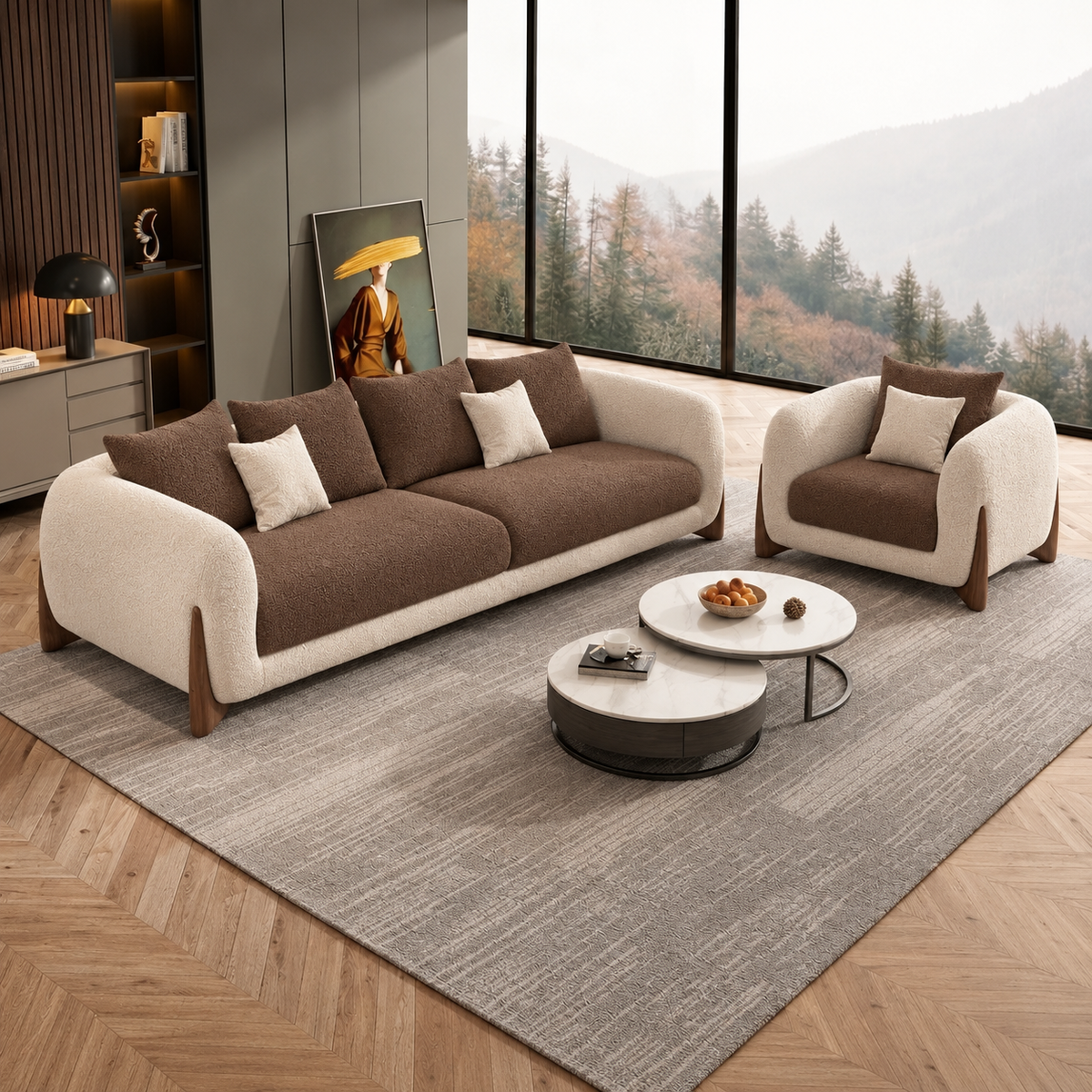 Antique Wood Hub Beige + Coffee Boucle - 3+1 = 4 Seater Sofa
