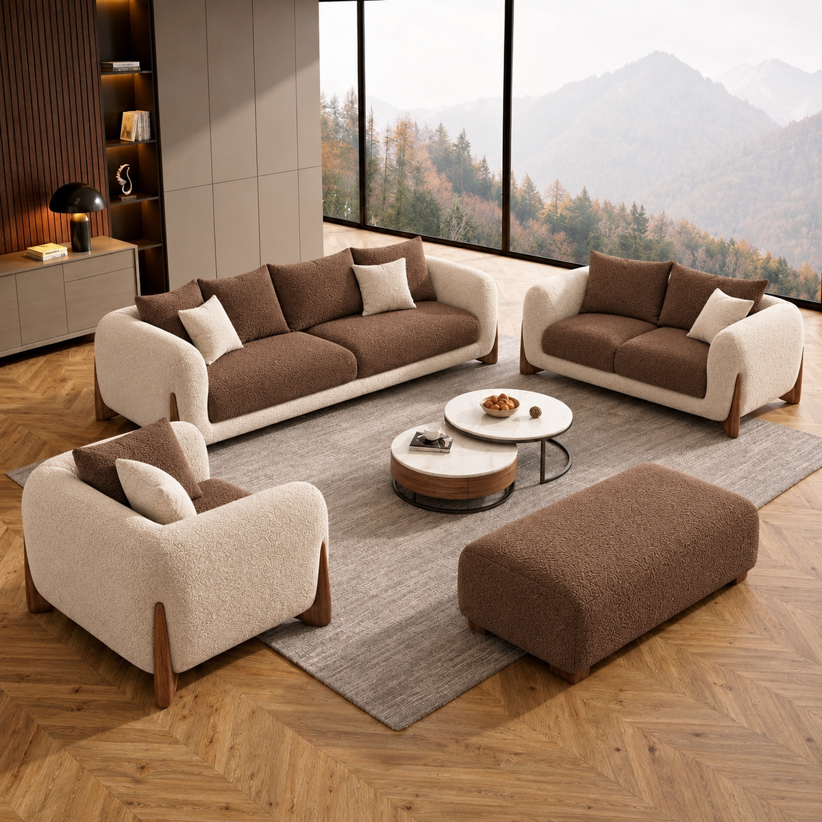 Antique Wood Hub Beige + Coffee Boucle - 3+2+1 = 6 Seater Sofa + Ottoman