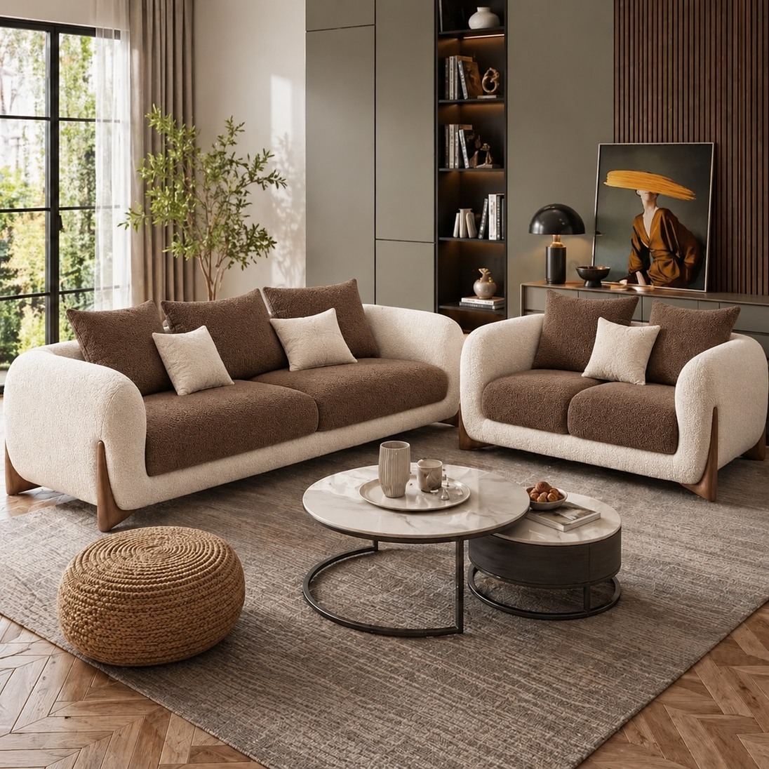 Antique Wood Hub Beige + Coffee Boucle - 3+2 = 5 Seater Sofa