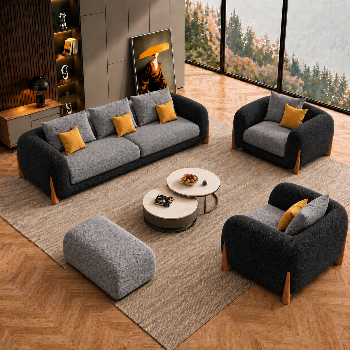Antique Wood Hub Black + Light Grey Boucle - 3+1+1 = 5 Seater Sofa + Ottoman