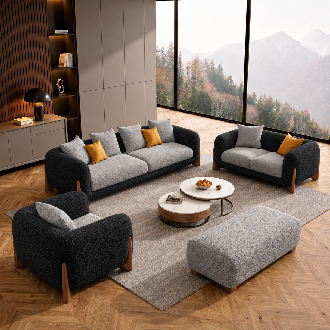 Antique Wood Hub Black + Light Grey Boucle - 3+2+1 = 6 Seater Sofa + Ottoman