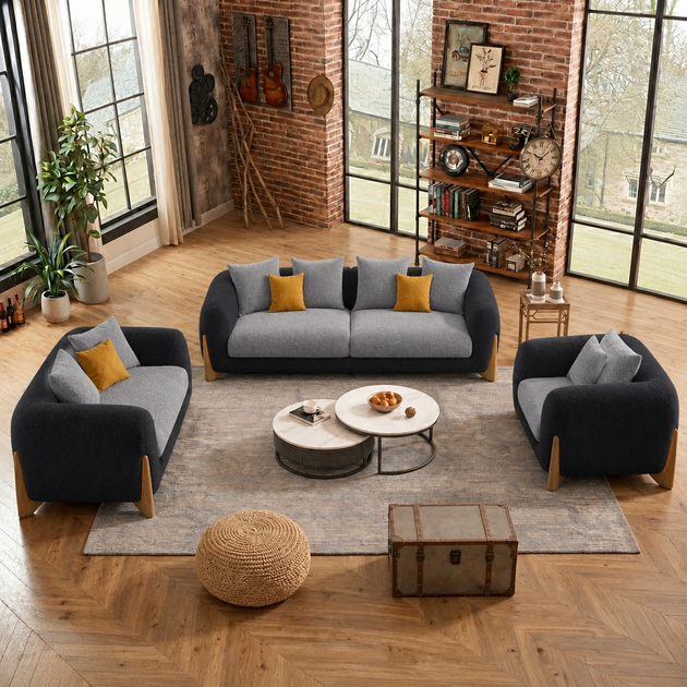 Antique Wood Hub Black + Light Grey Boucle - 3+2+1 = 6 Seater Sofa