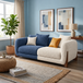 Antique Wood Hub Blue + Off White Boucle - 2 Seater Sofa