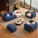 Antique Wood Hub Blue + Off White Boucle - 3+1+1 = 5 Seater Sofa + Ottoman