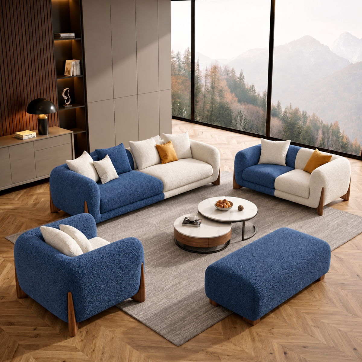 Antique Wood Hub Blue + Off White Boucle - 3+2+1 = 6 Seater Sofa + Ottoman