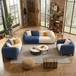 Antique Wood Hub Blue + Off White Boucle - 3+2+1 = 6 Seater Sofa