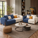 Antique Wood Hub Blue + Off White Boucle - 3+2 = 5 Seater Sofa