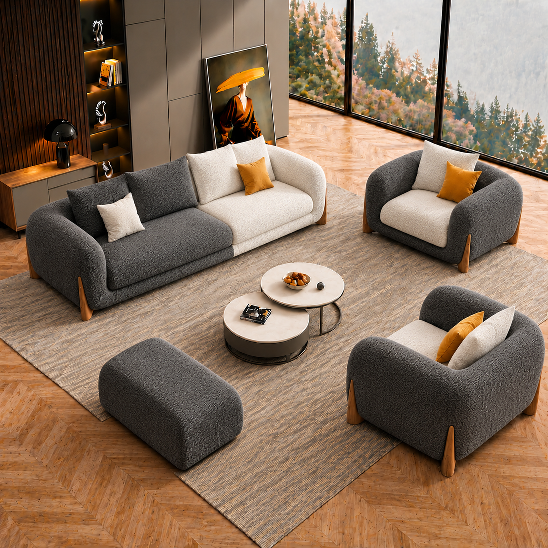 Antique Wood Hub Dark Grey + Off White Boucle - 3+1+1 = 5 Seater Sofa + Ottoman