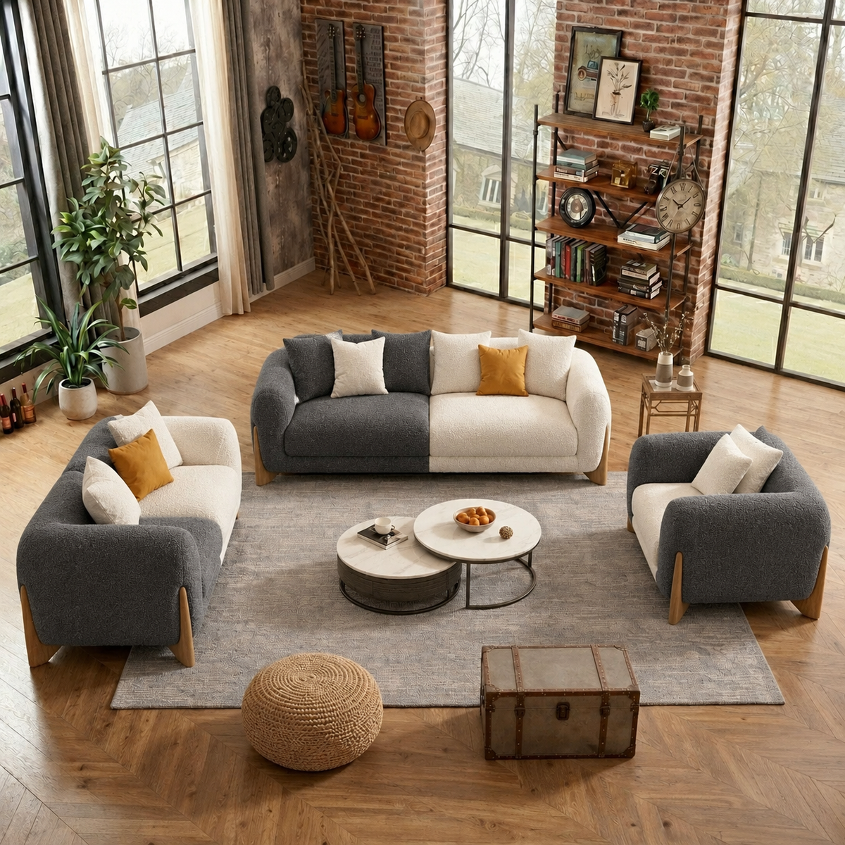 Antique Wood Hub Dark Grey + Off White Boucle - 3+2+1 = 6 Seater Sofa