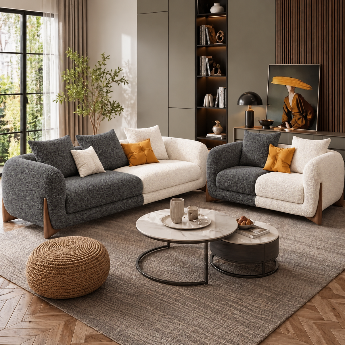 Antique Wood Hub Dark Grey + Off White Boucle - 3+2 = 5 Seater Sofa