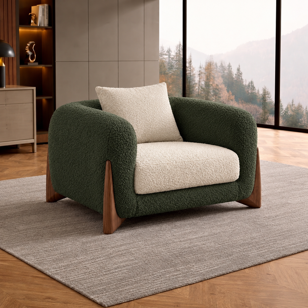 Antique Wood Hub Forest Green + Off White Boucle - 1 Seater Sofa