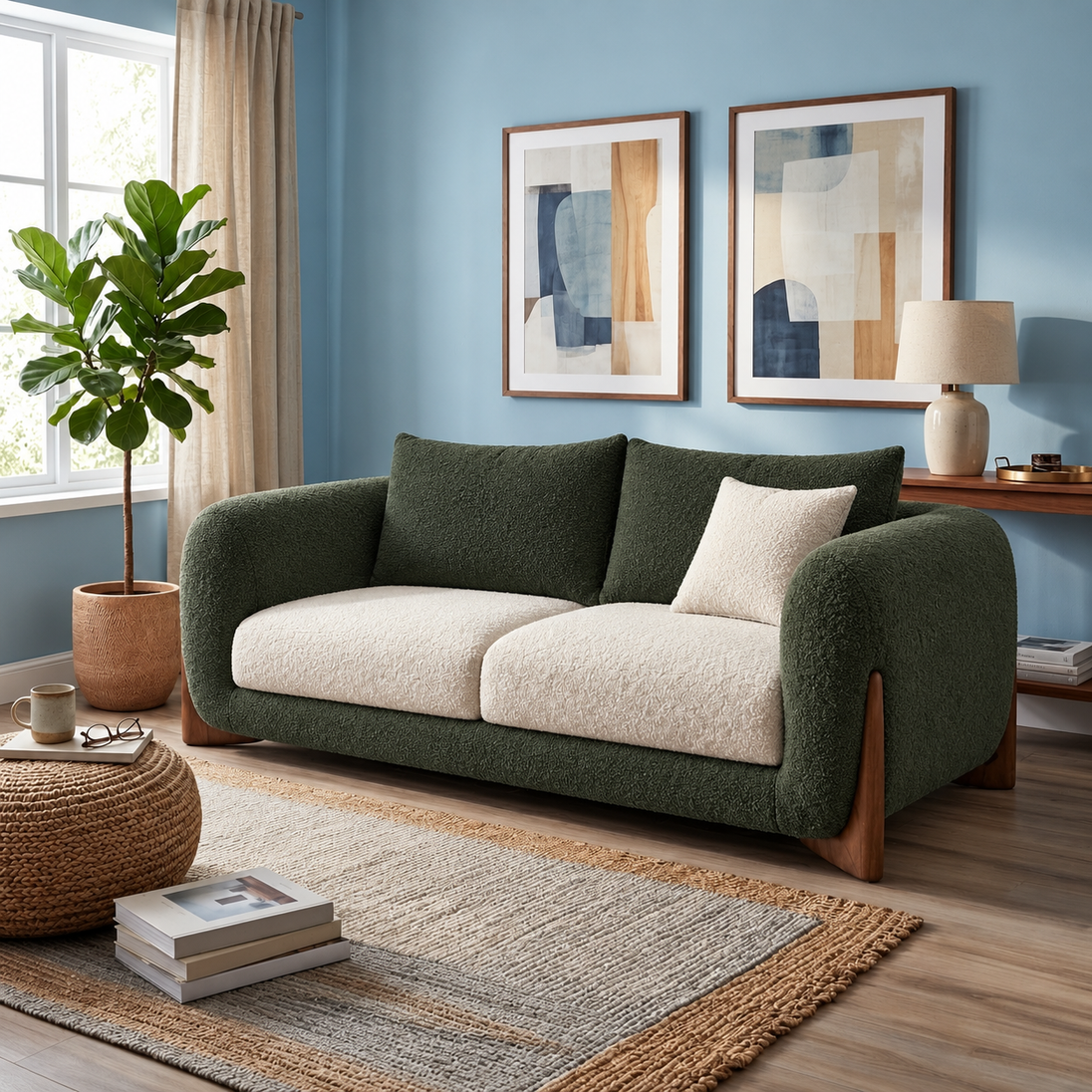 Antique Wood Hub Forest Green + Off White Boucle - 2 Seater Sofa