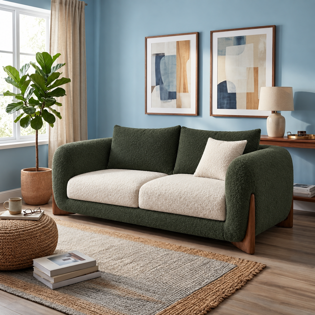 Antique Wood Hub Forest Green + Off White Boucle - 2 Seater Sofa