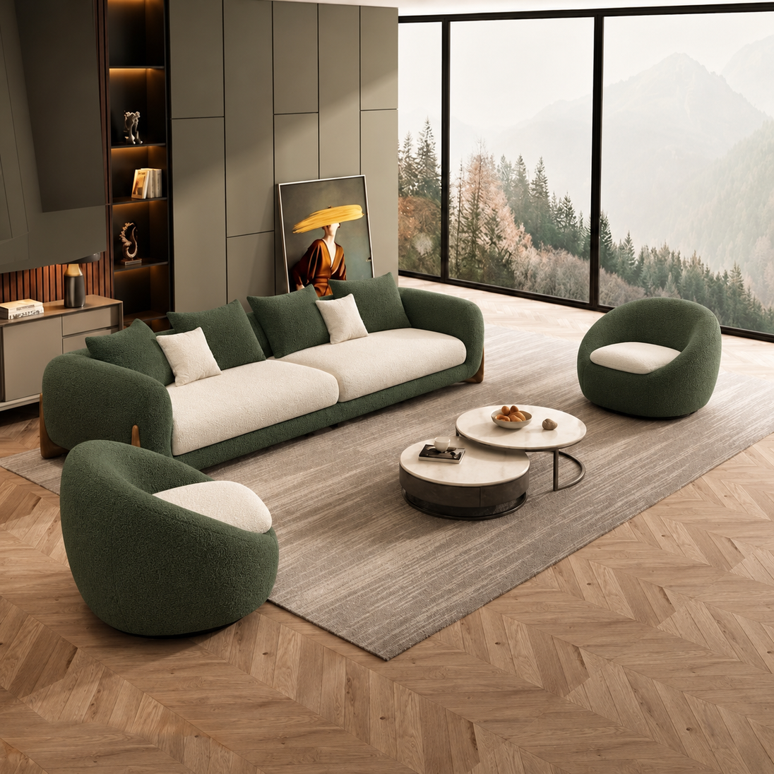 Antique Wood Hub Forest Green + Off White Boucle - 3+1+1 = 5 Seater Sofa with Accent Chairs