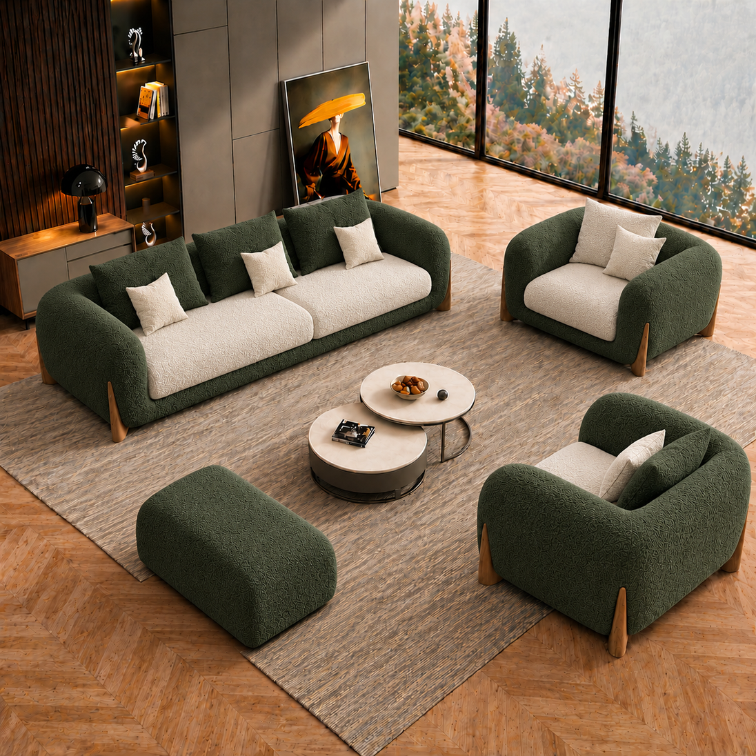 Antique Wood Hub Forest Green + Off White Boucle - 3+1+1 = 5 Seater Sofa + Ottoman