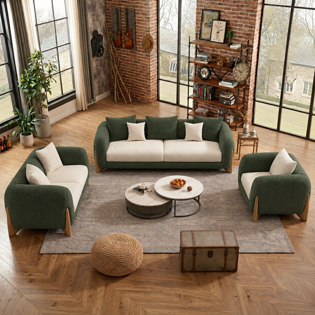 Antique Wood Hub Forest Green + Off White Boucle - 3+2+1 = 6 Seater Sofa