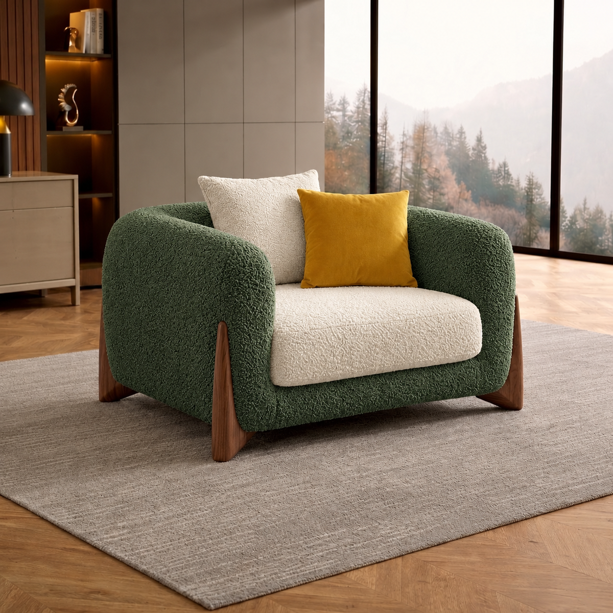 Antique Wood Hub Green + Off White Boucle - 1 Seater Sofa