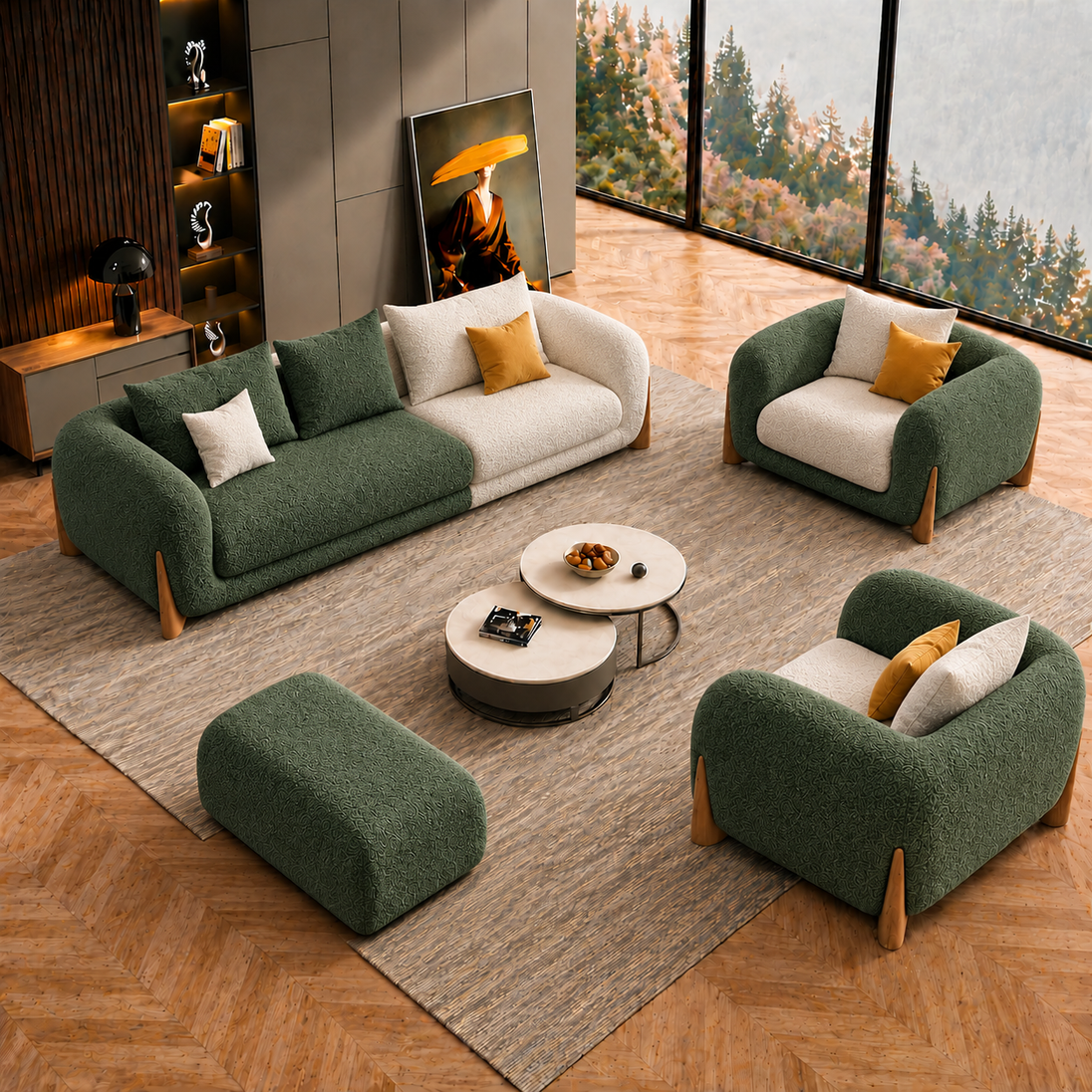 Antique Wood Hub Green + Off White Boucle - 3+1+1 = 5 Seater Sofa + Ottoman