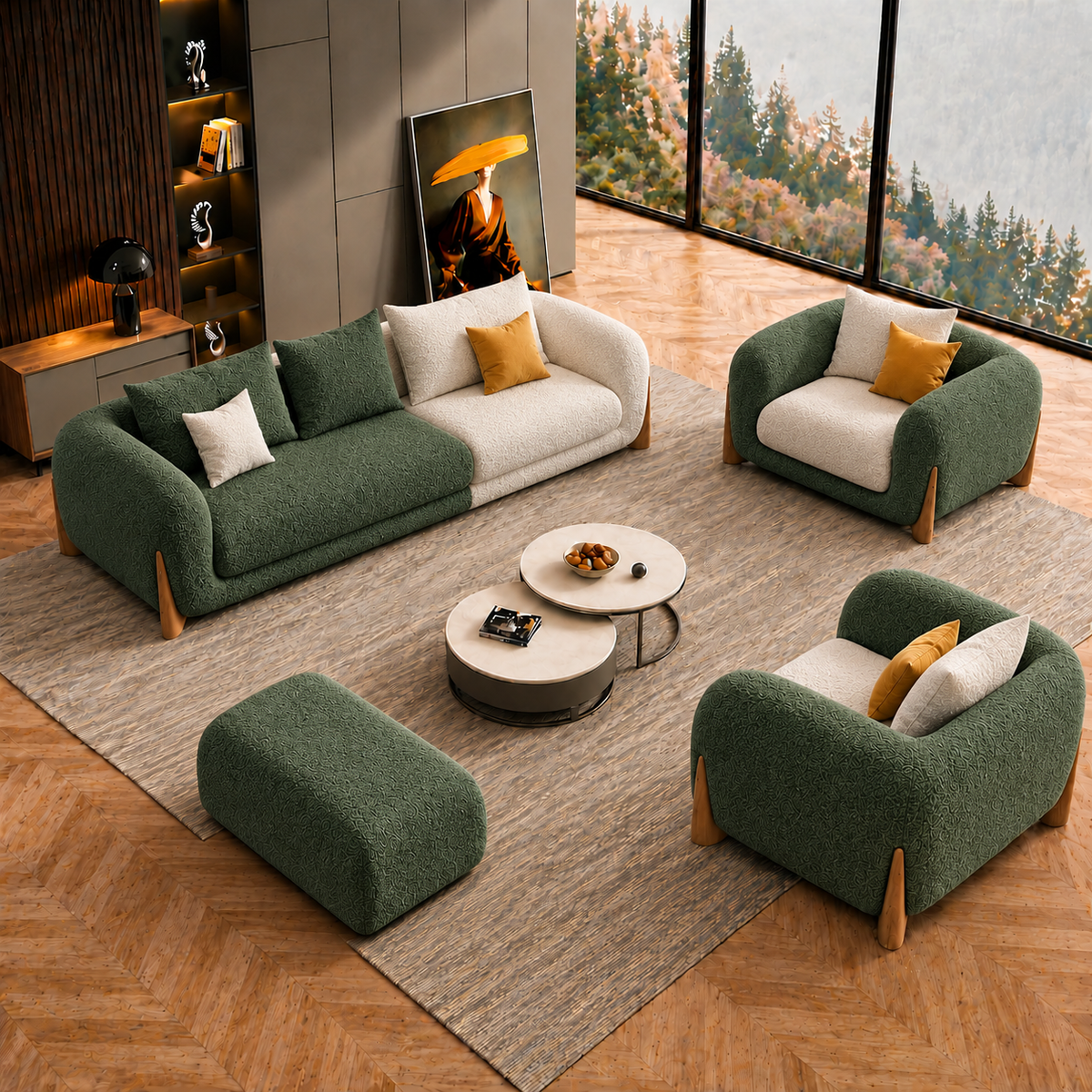 Antique Wood Hub Green + Off White Boucle - 3+1+1 = 5 Seater Sofa + Ottoman