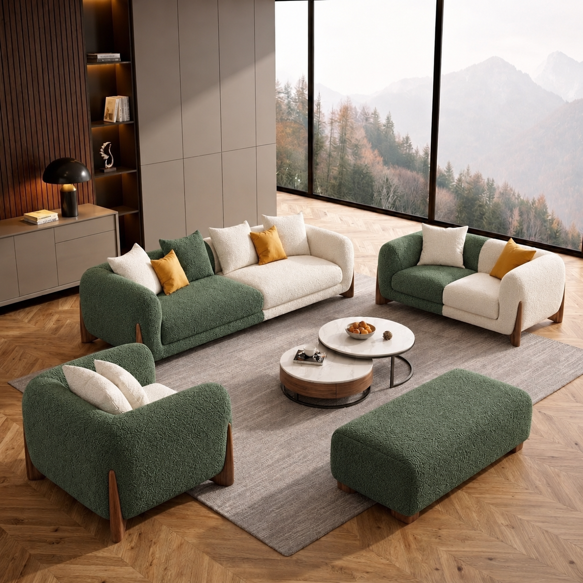 Antique Wood Hub Green + Off White Boucle - 3+2+1 = 6 Seater Sofa + Ottoman