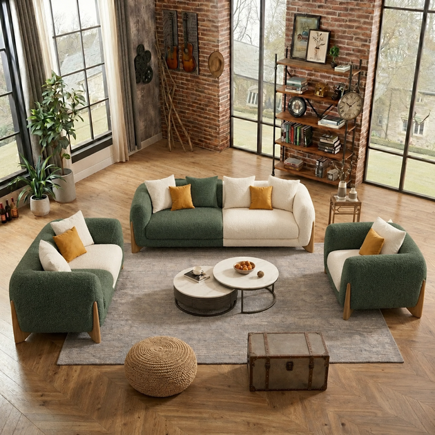 Antique Wood Hub Green + Off White Boucle - 3+2+1 = 6 Seater Sofa