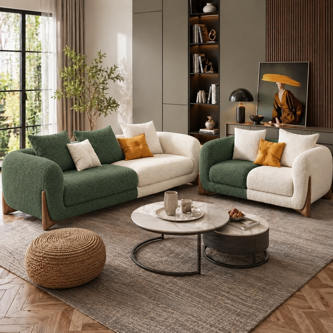 Antique Wood Hub Green + Off White Boucle - 3+2 = 5 Seater Sofa