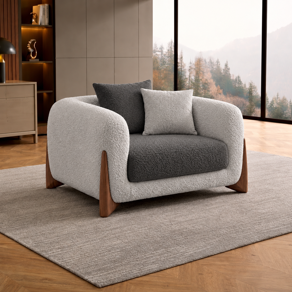 Antique Wood Hub Light Grey + Dark Grey Boucle - 1 Seater Sofa
