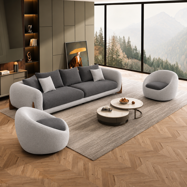 Antique Wood Hub Light Grey + Dark Grey Boucle - 3+1+1 = 5 Seater Sofa with Accent Chairs