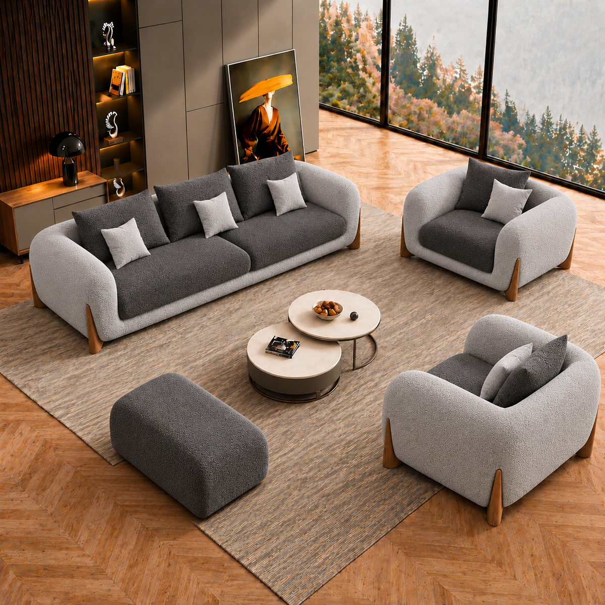 Antique Wood Hub Light Grey + Dark Grey Boucle - 3+1+1 = 5 Seater Sofa + Ottoman