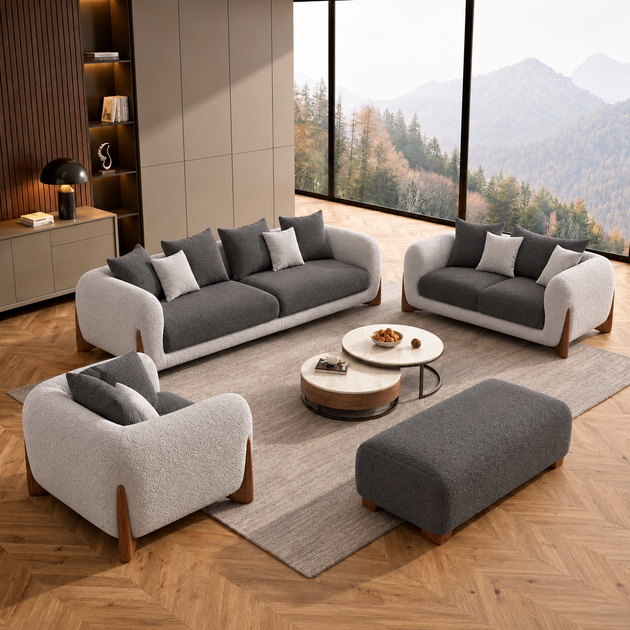 Antique Wood Hub Light Grey + Dark Grey Boucle - 3+2+1 = 6 Seater Sofa + Ottoman