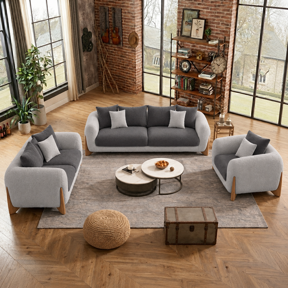 Antique Wood Hub Light Grey + Dark Grey Boucle - 3+2+1 = 6 Seater Sofa