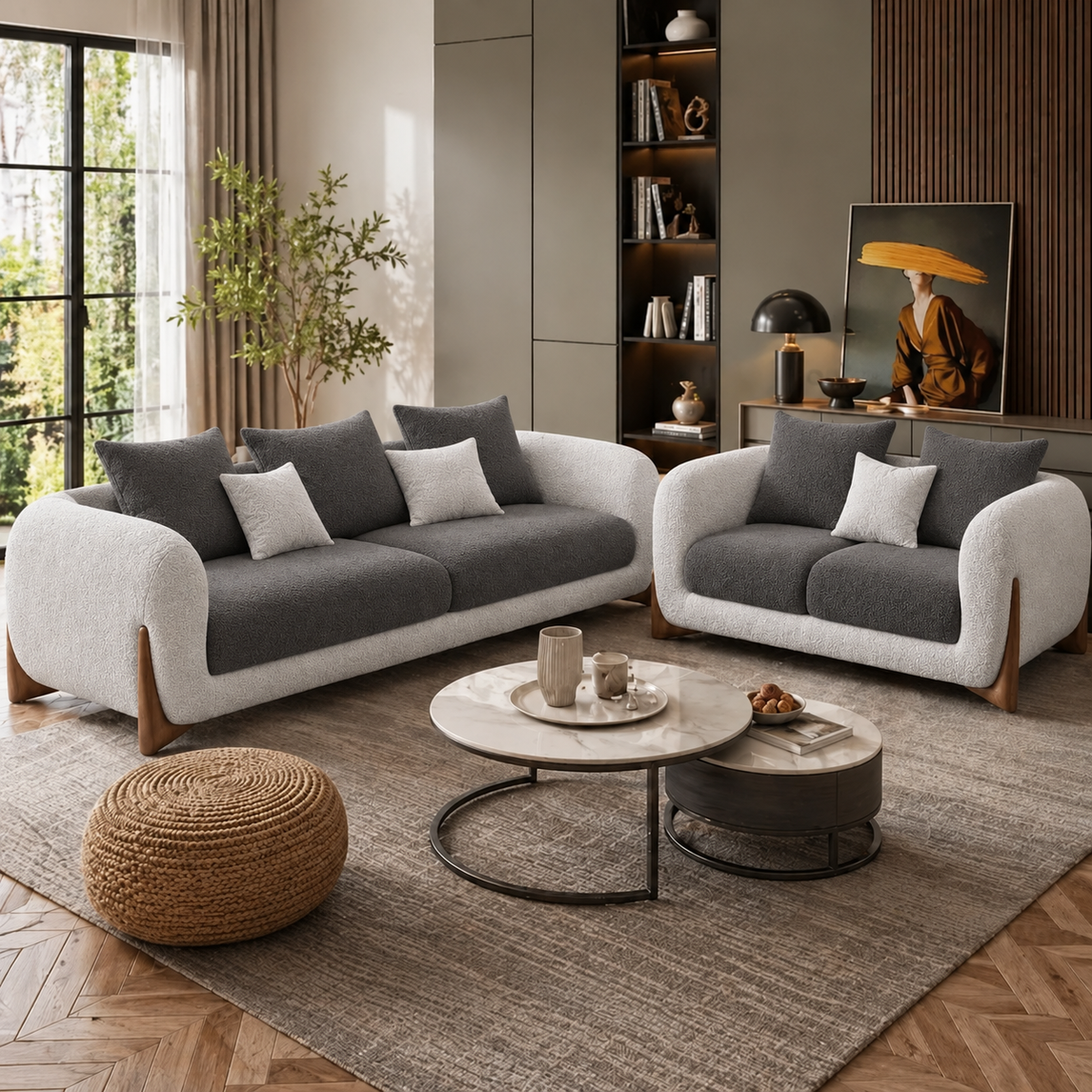 Antique Wood Hub Light Grey + Dark Grey Boucle - 3+2 = 5 Seater Sofa