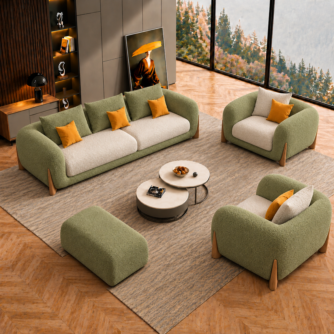 Antique Wood Hub Olive Green + Cream Boucle - 3+1+1 = 5 Seater Sofa + Ottoman