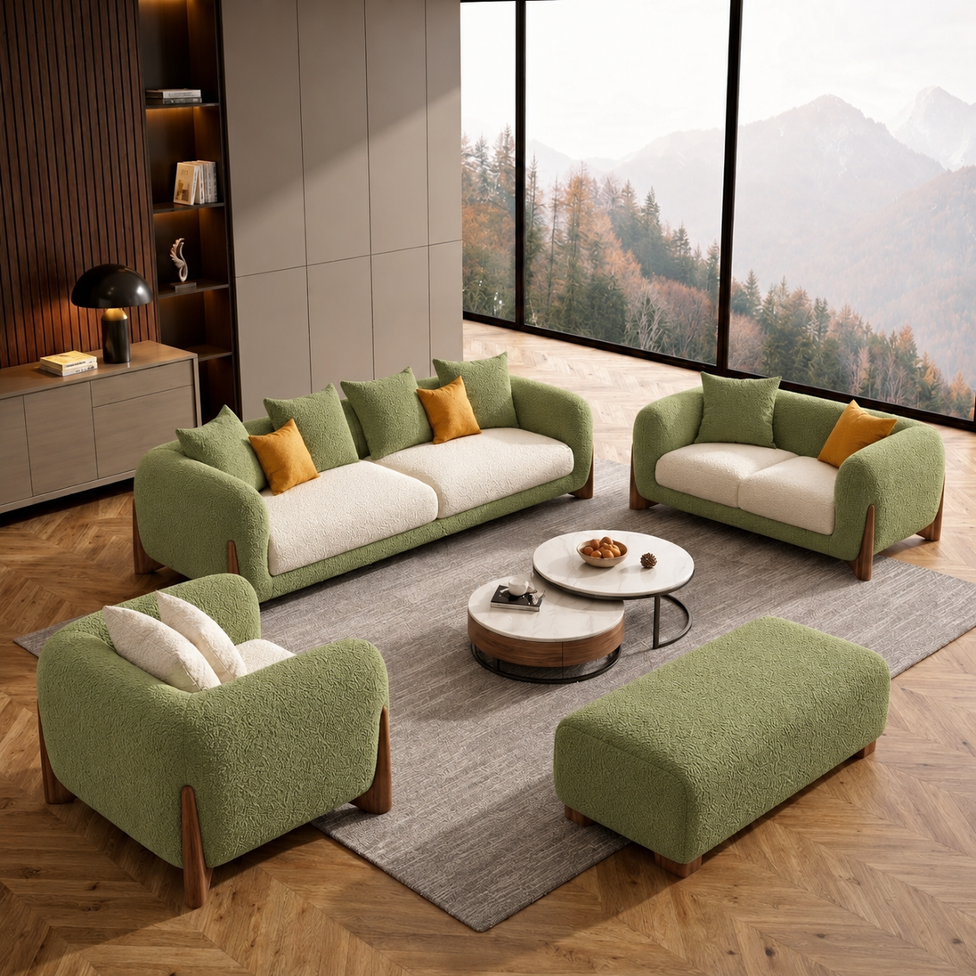Antique Wood Hub Olive Green + Cream Boucle - 3+2+1 = 6 Seater Sofa + Ottoman