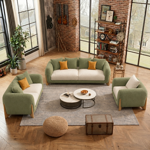 Antique Wood Hub Olive Green + Cream Boucle - 3+2+1 = 6 Seater Sofa