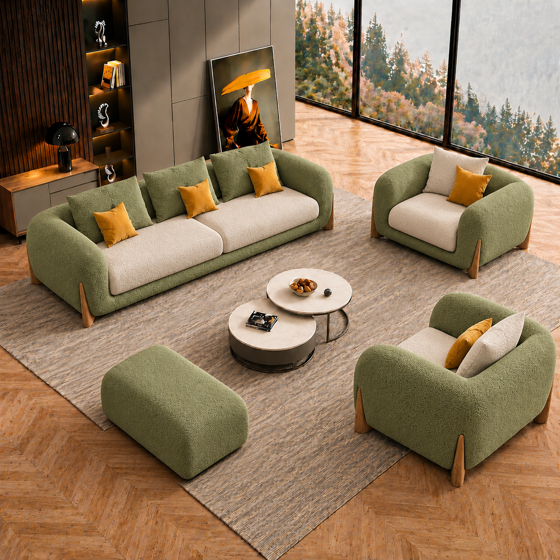 Antique Wood Hub Olive + Off White Boucle - 3+1+1 = 5 Seater Sofa + Ottoman