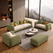 Antique Wood Hub Olive + Off White Boucle - 3+2+1 = 6 Seater Sofa + Ottoman