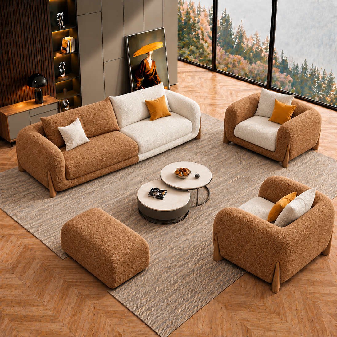 Antique Wood Hub Rust Brown + Off White Boucle - 3+1+1 = 5 Seater Sofa + Ottoman