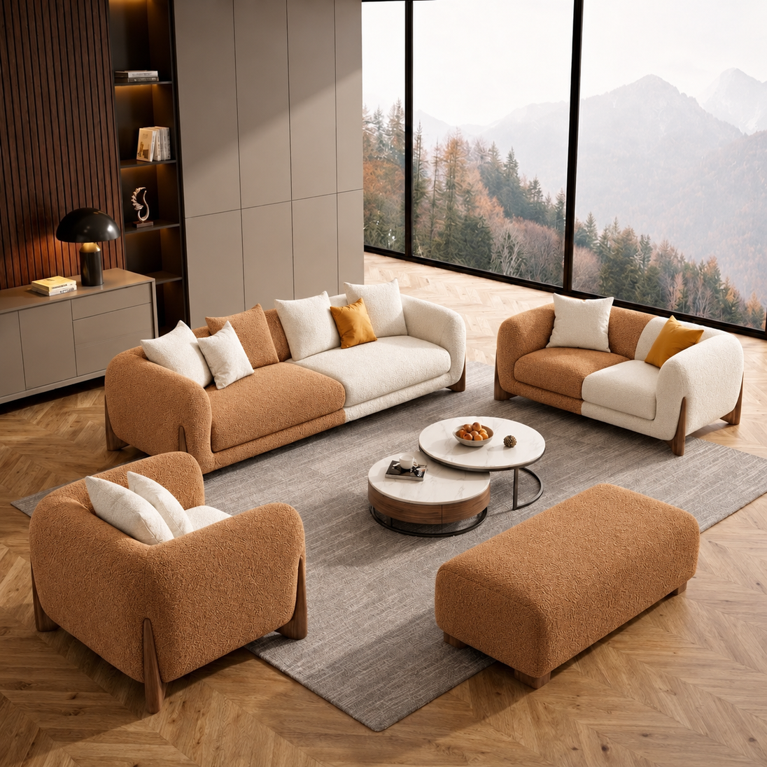 Antique Wood Hub Rust Brown + Off White Boucle - 3+2+1 = 6 Seater Sofa + Ottoman