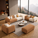 Antique Wood Hub Rust Brown + Off White Boucle - 3+2+1 = 6 Seater Sofa + Ottoman