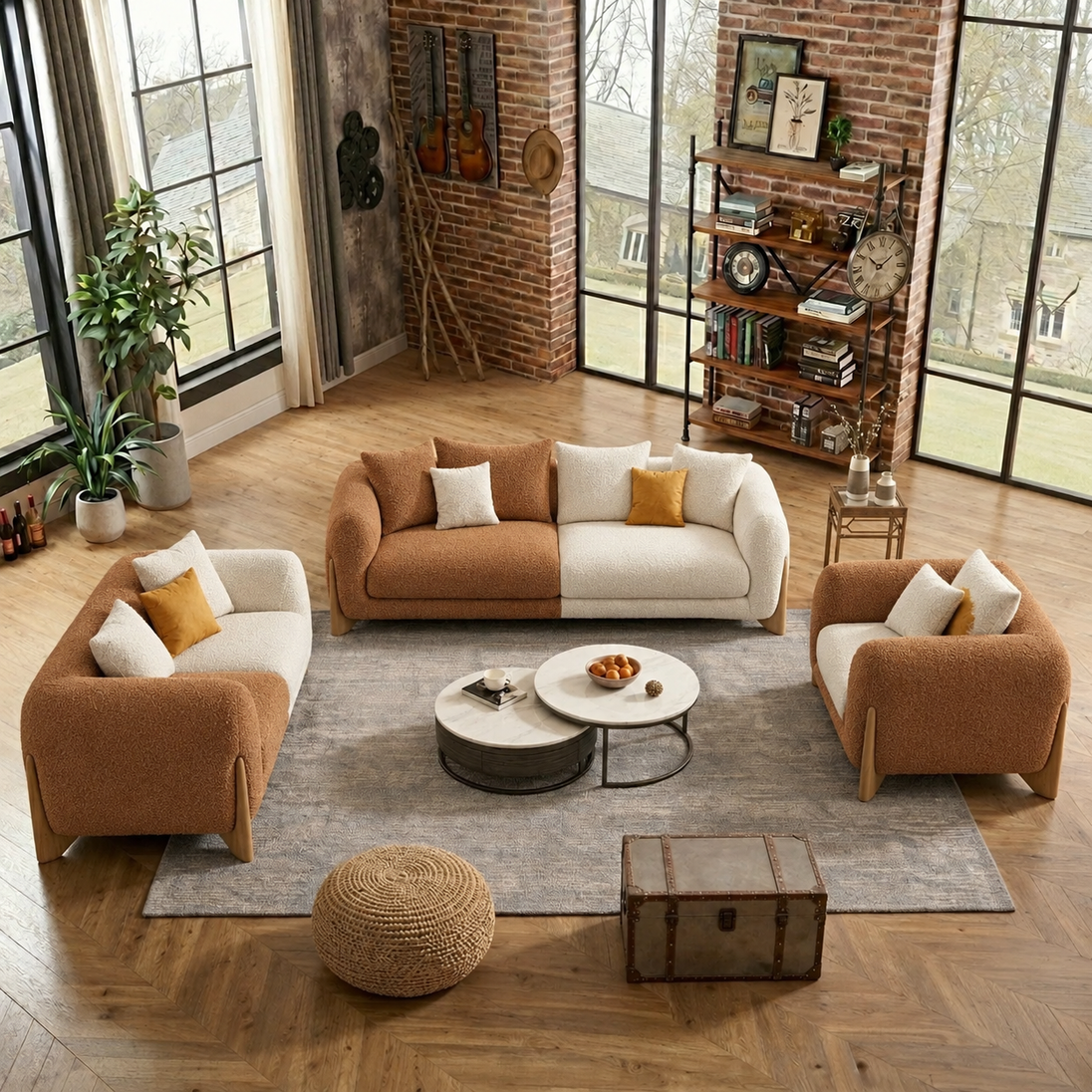 Antique Wood Hub Rust Brown + Off White Boucle - 3+2+1 = 6 Seater Sofa