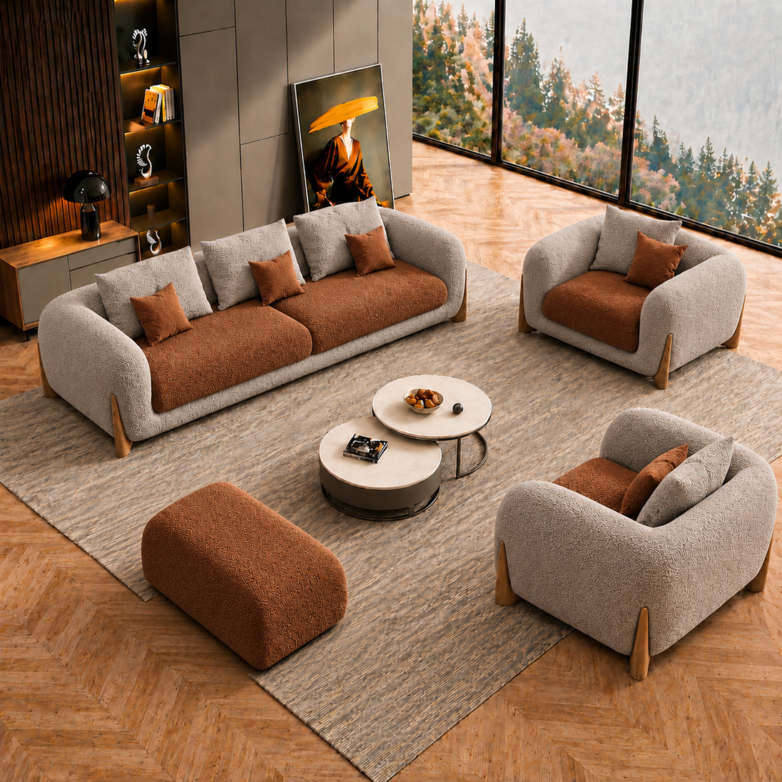 Antique Wood Hub Taupe + Rust Brown Boucle - 3+1+1 = 5 Seater Sofa + Ottoman