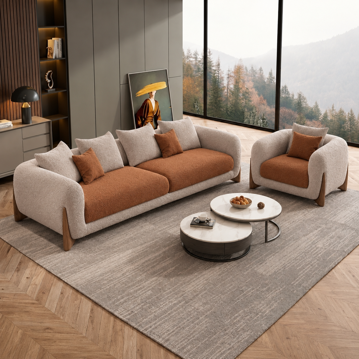 Antique Wood Hub Taupe + Rust Brown Boucle - 3+1 = 4 Seater Sofa