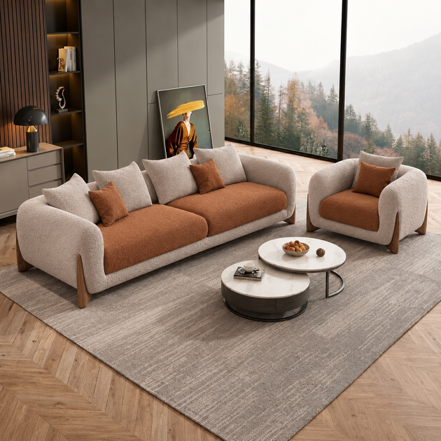 Antique Wood Hub Taupe + Rust Brown Boucle - 3+1 = 4 Seater Sofa