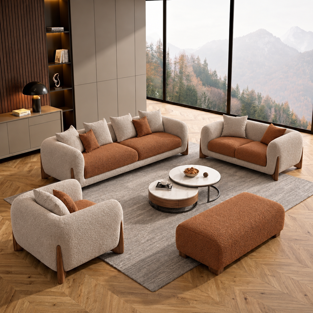 Antique Wood Hub Taupe + Rust Brown Boucle - 3+2+1 = 6 Seater Sofa + Ottoman
