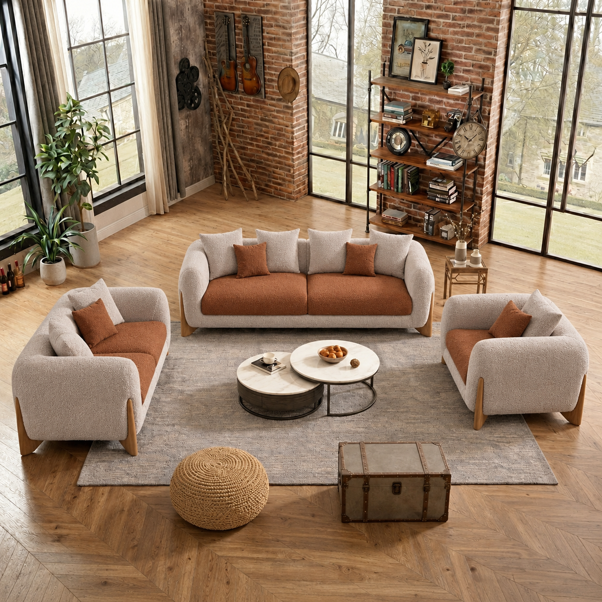 Antique Wood Hub Taupe + Rust Brown Boucle - 3+2+1 = 6 Seater Sofa