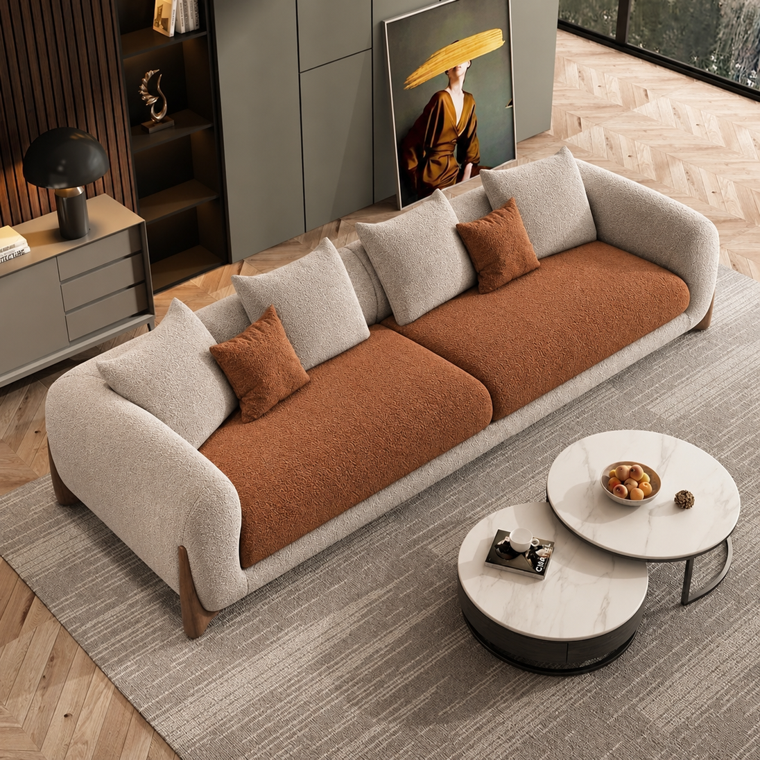 Antique Wood Hub Taupe + Rust Brown Boucle - 3 Seater Sofa