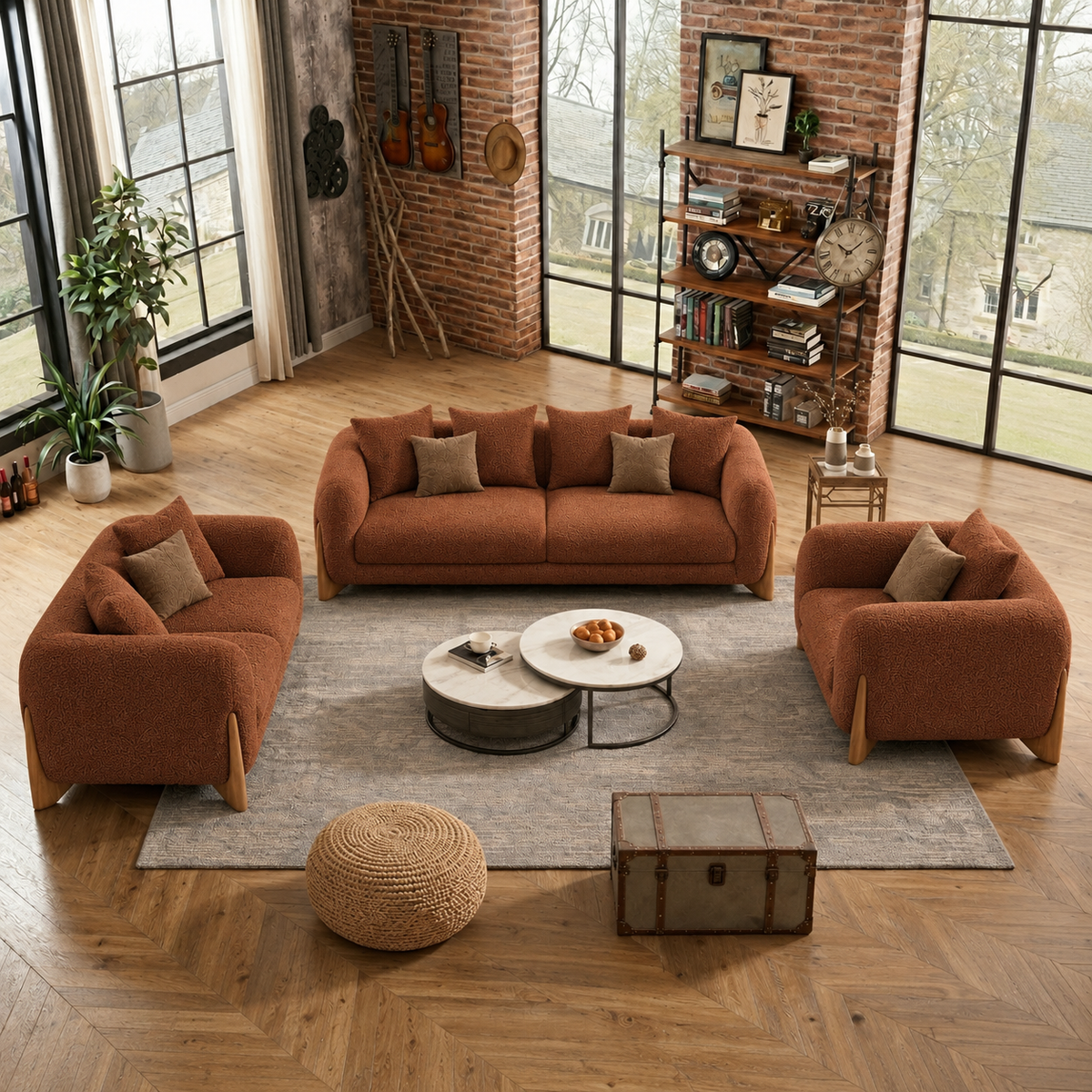 Antique Wood Hub Rust Brown Boucle 3+2+1 = 6 Seater Sofa